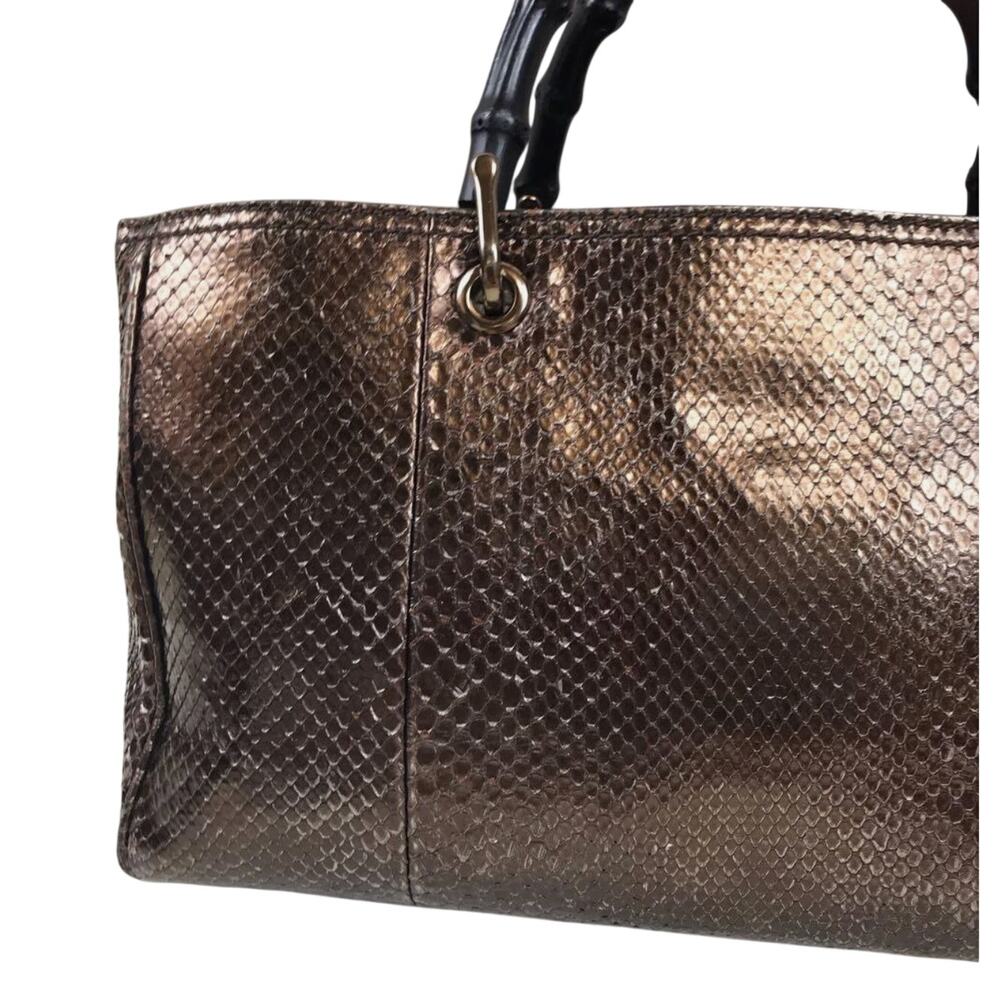 Gucci Bamboo Shopper Tote Bag Bronze-Toned Python Skin Black Bamboo Handle EUC - Picture 3 of 14